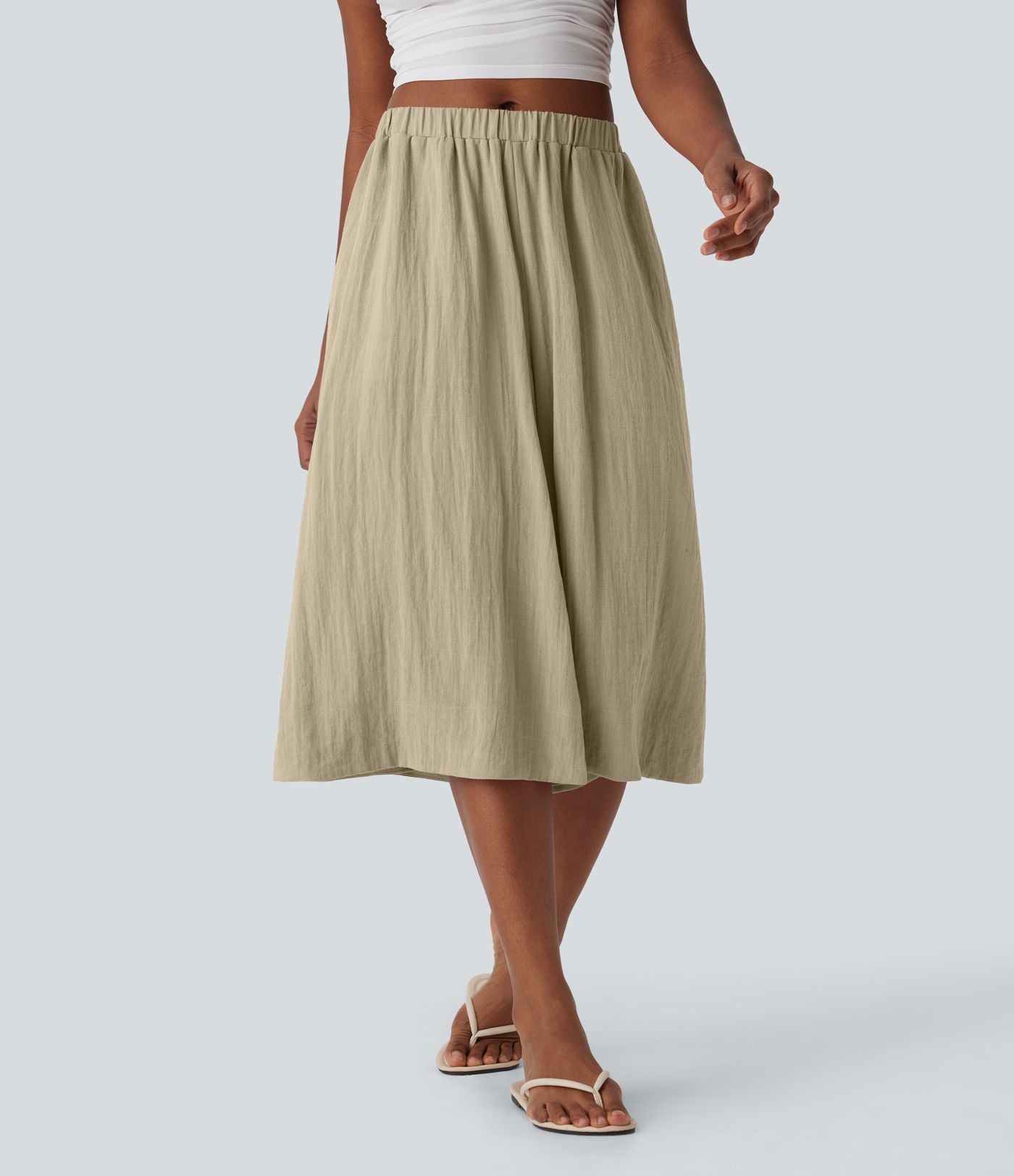 Pantalon fluide large taille mi-haute effet lin avec poche