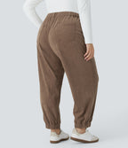Pantalon décontracté en velours côtelé taille mi-haute grande taille avec bouton, fermeture éclair et poches multiples