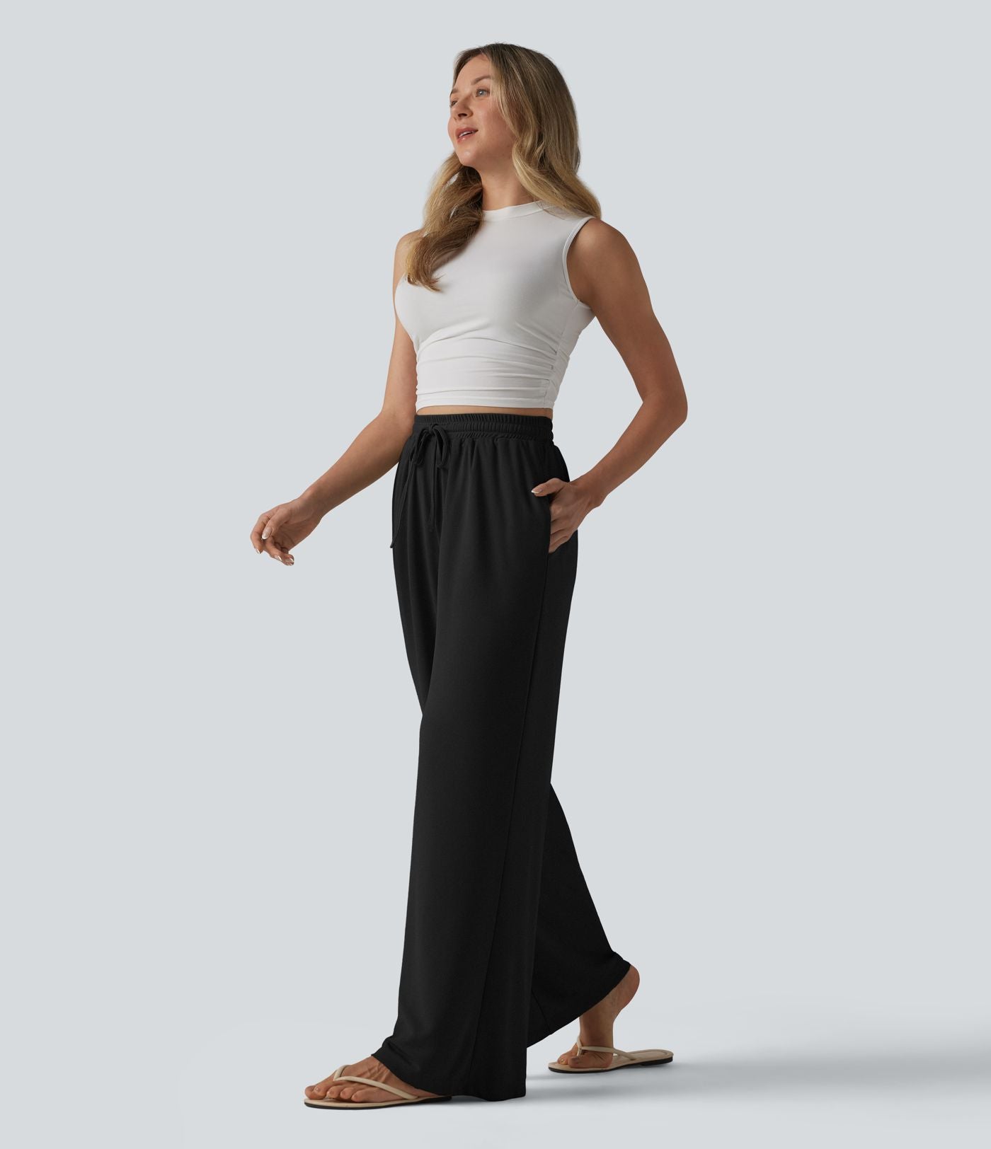 Pantalon large taille haute avec cordon de serrage et poches