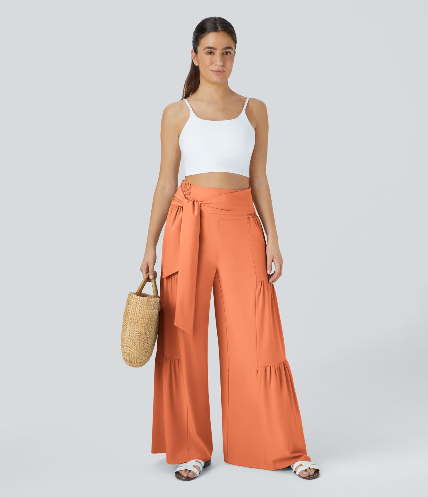 Breezeful™ Pantalon Large Casual Taille Haute Froncé à Nouer Devant et Dos Fluide Séchage Rapide