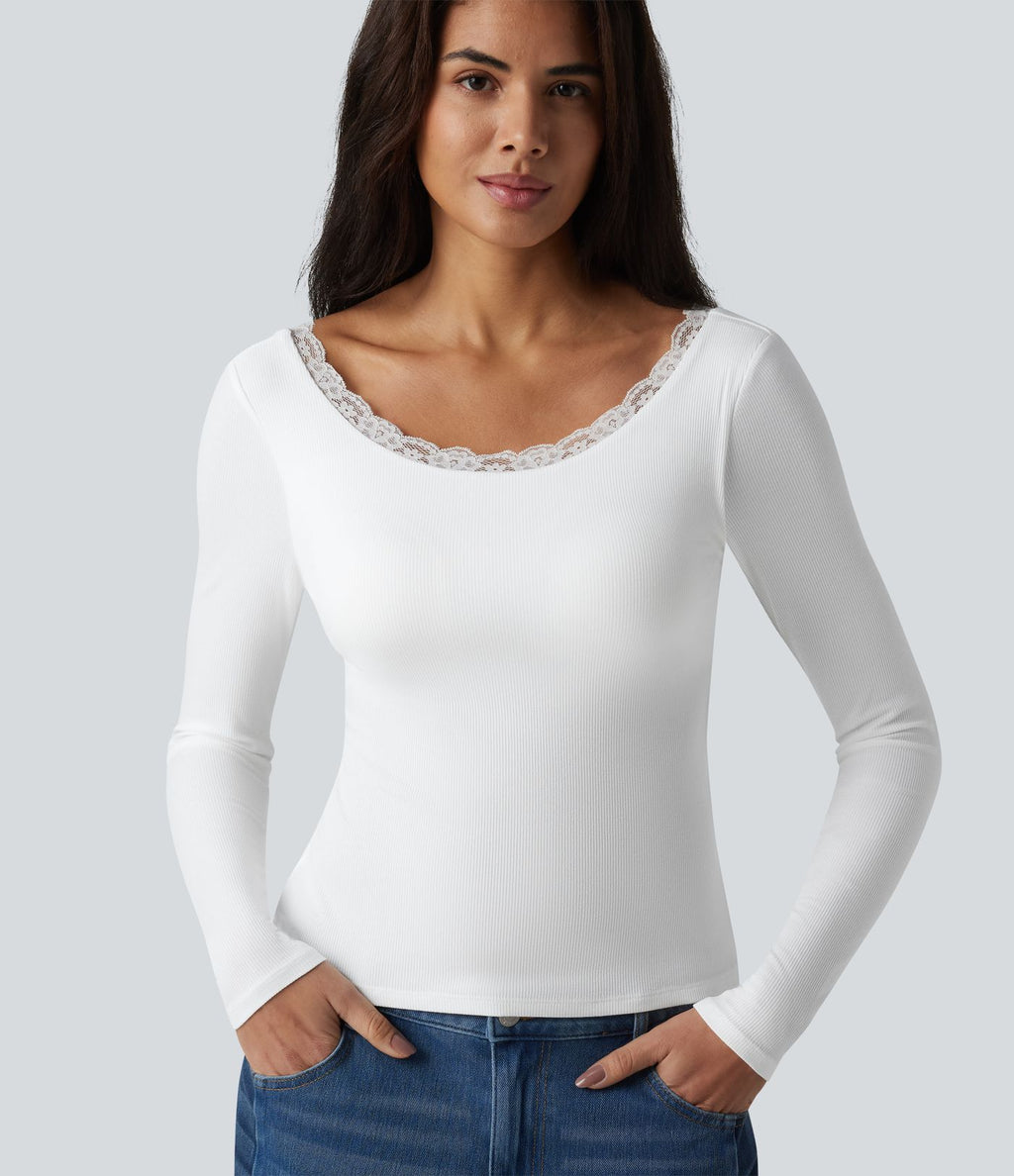Haut casual en maille côtelée à manches longues, col rond échancré, dos en U, dentelle contrastée et soutien-gorge intégré