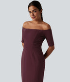 Robe midi moulante épaules dénudées manches courtes