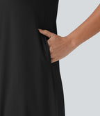 Robe midi décontractée à col rond, manches courtes et poches