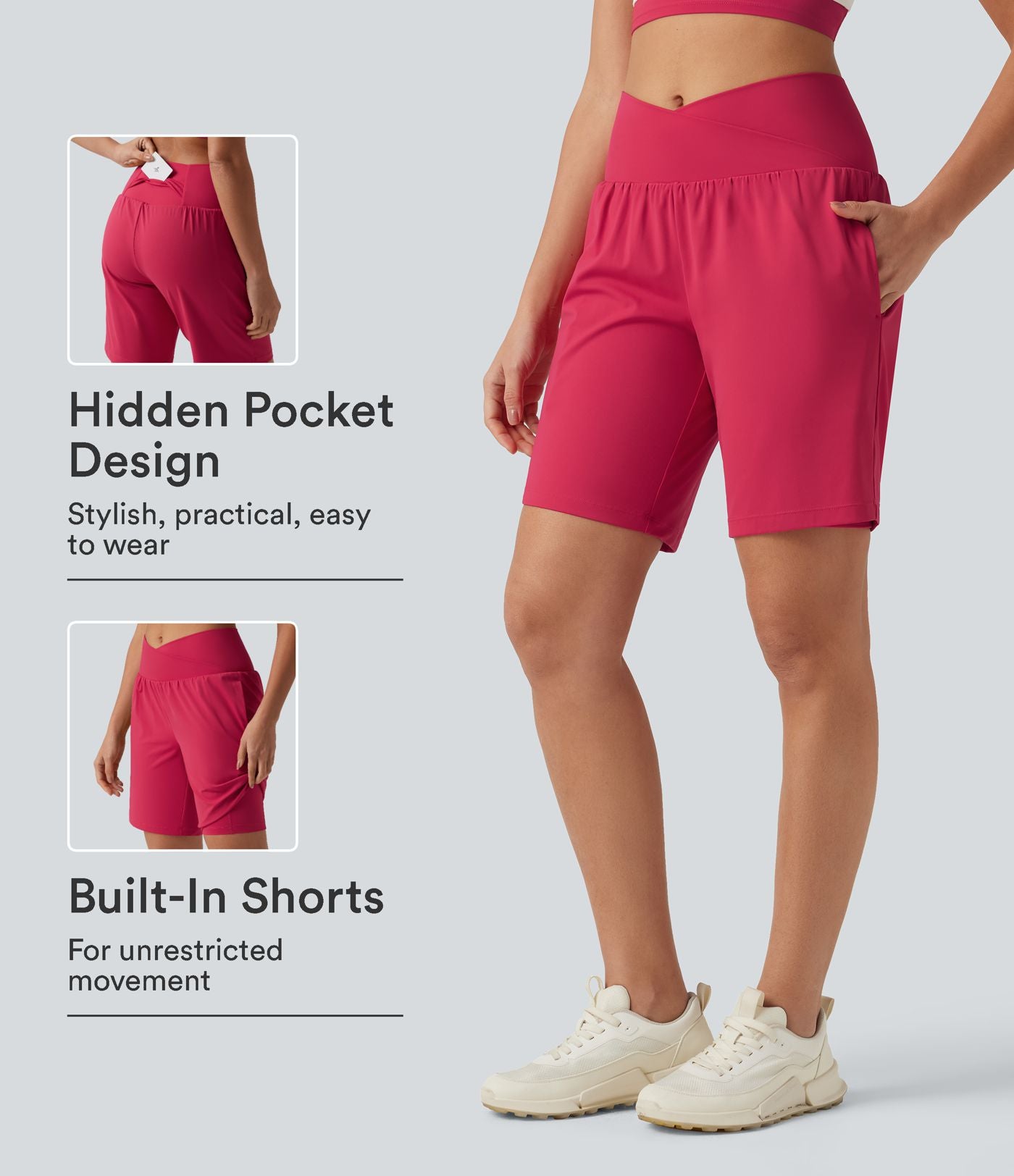 Short de yoga 2-en-1 taille haute croisée en SoftlyZero™ Airy à effet frais InstantCool 22,9 cm avec poches