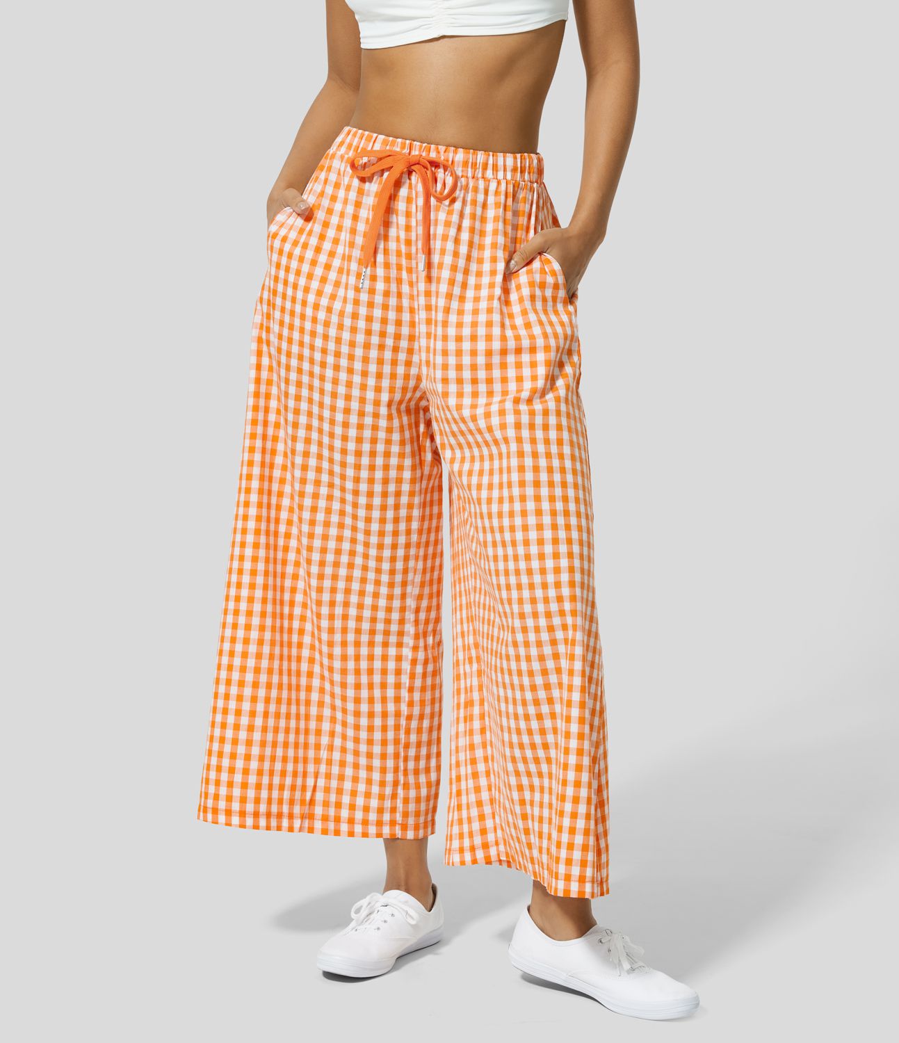 Pantalon en Coton Casual à Carreaux à Taille Haute avec Cordon de Serrage et Poches Latérales Amples