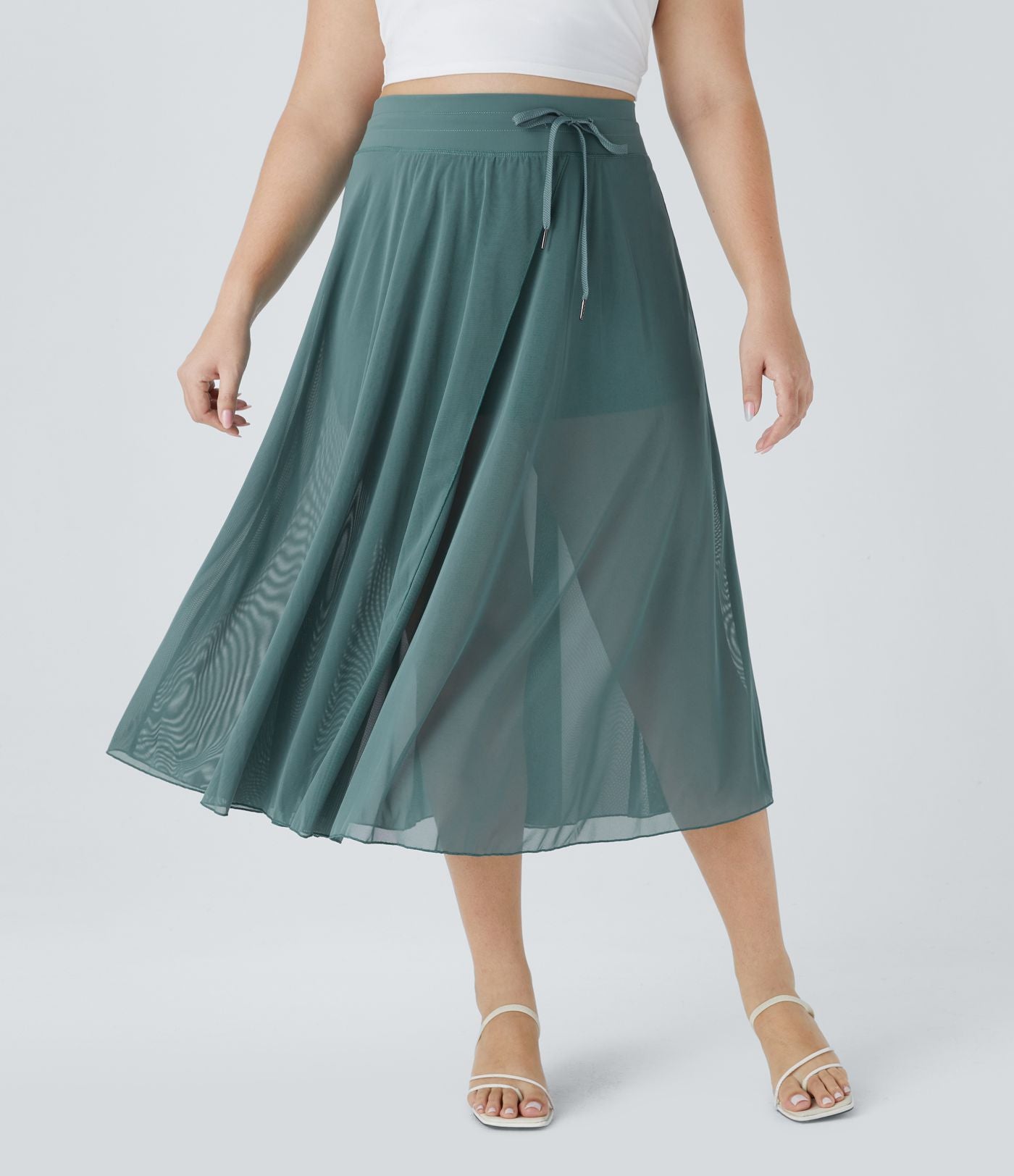 Jupe Taille Haute 2 En 1 En Maille Contrastée Avec Cordon De Serrage Et Poche Latérale Fluide Evasée Casual Grande Taille