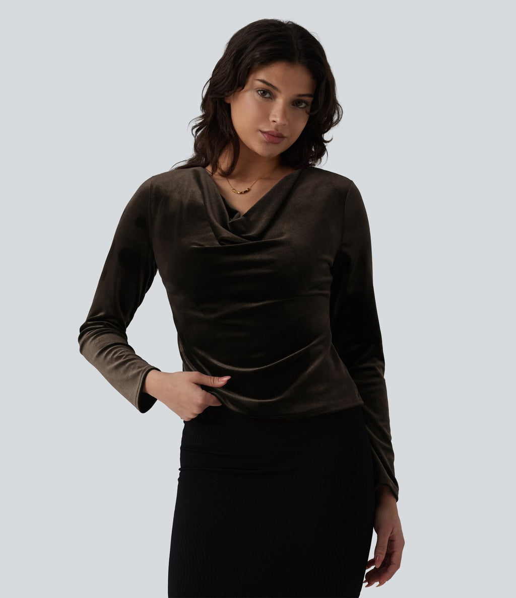 Top velours col drapé manches longues