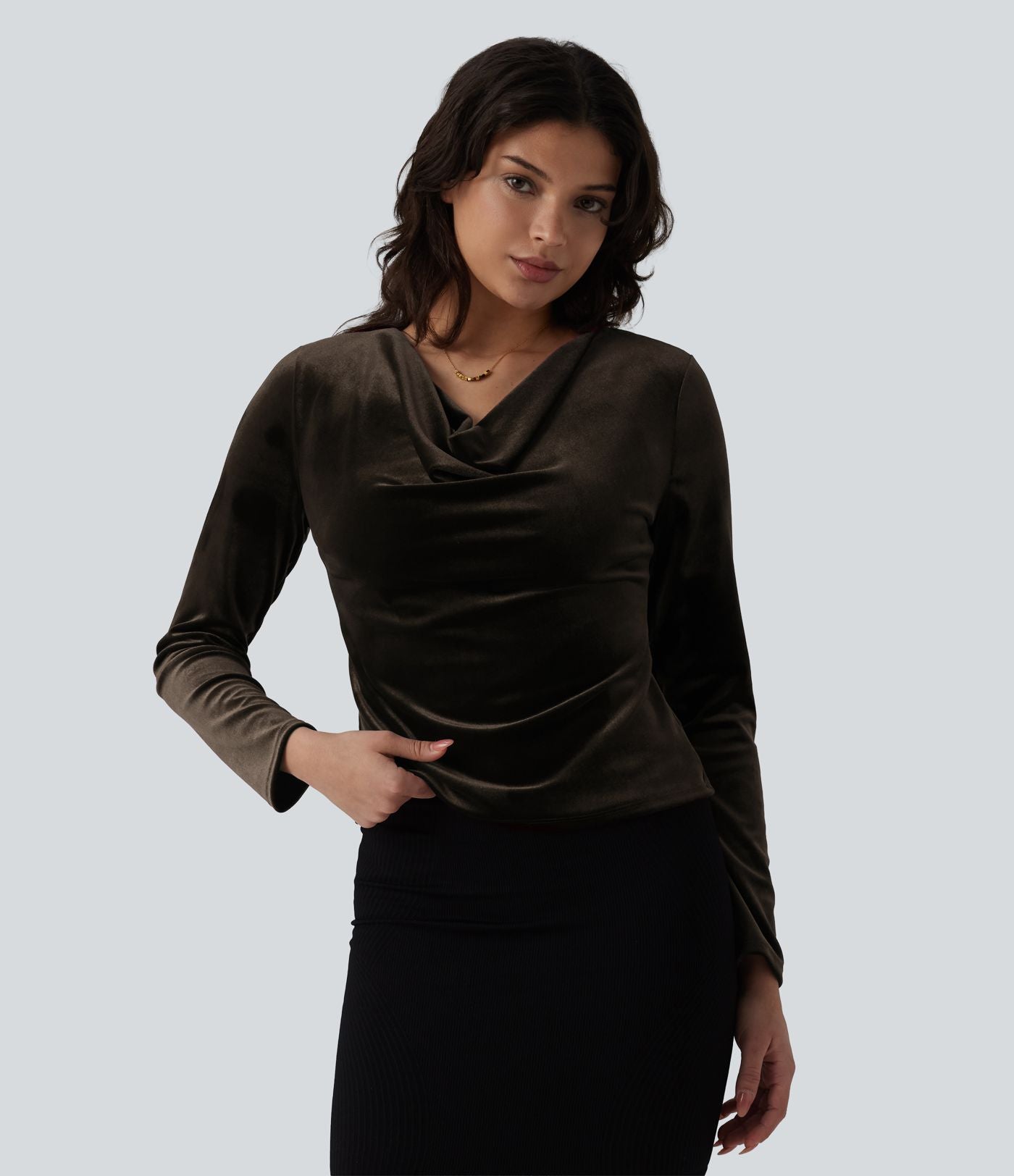 Top velours col drapé manches longues
