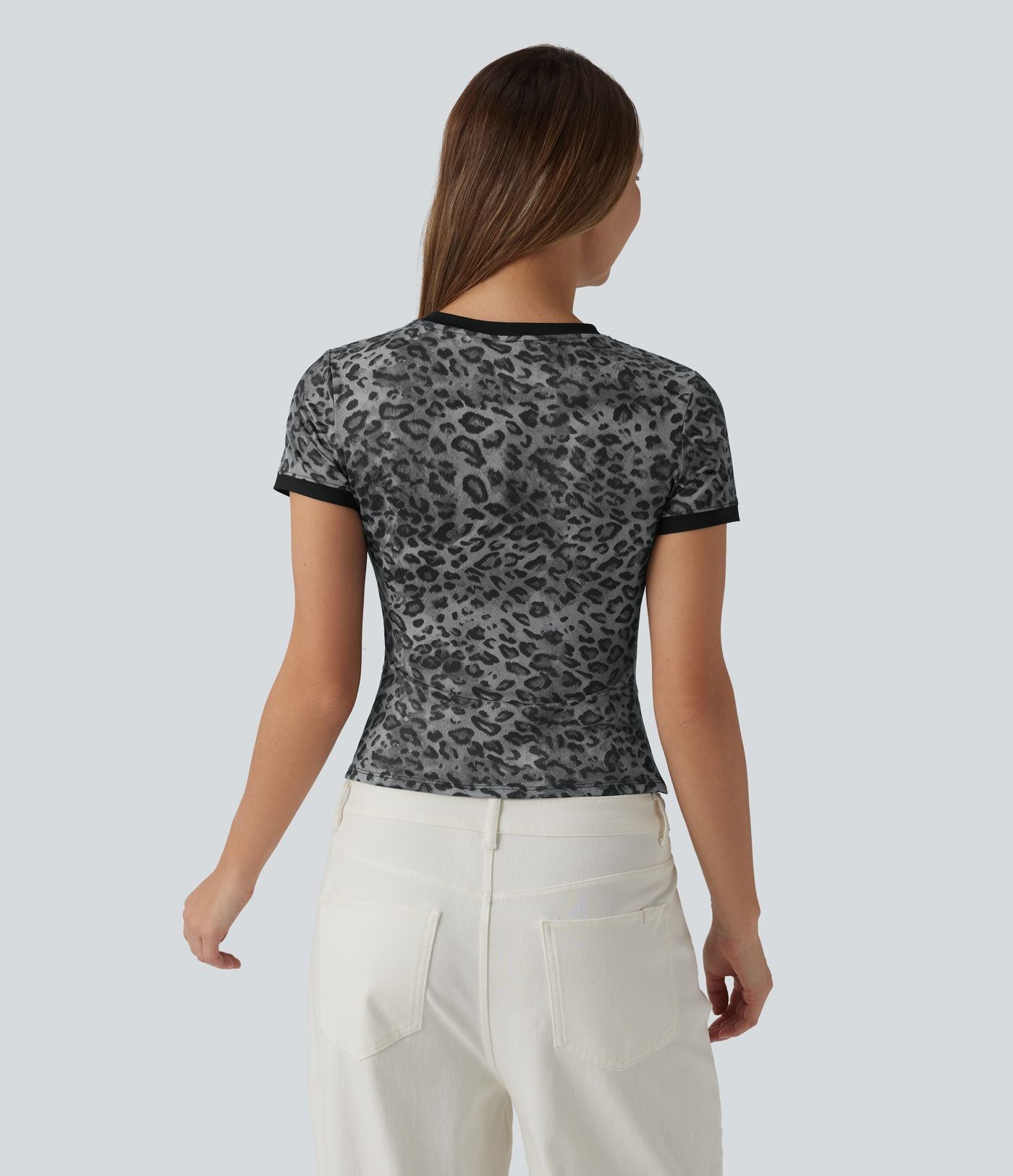 T-shirt casual ringer imprimé léopard col rond à manches courtes
