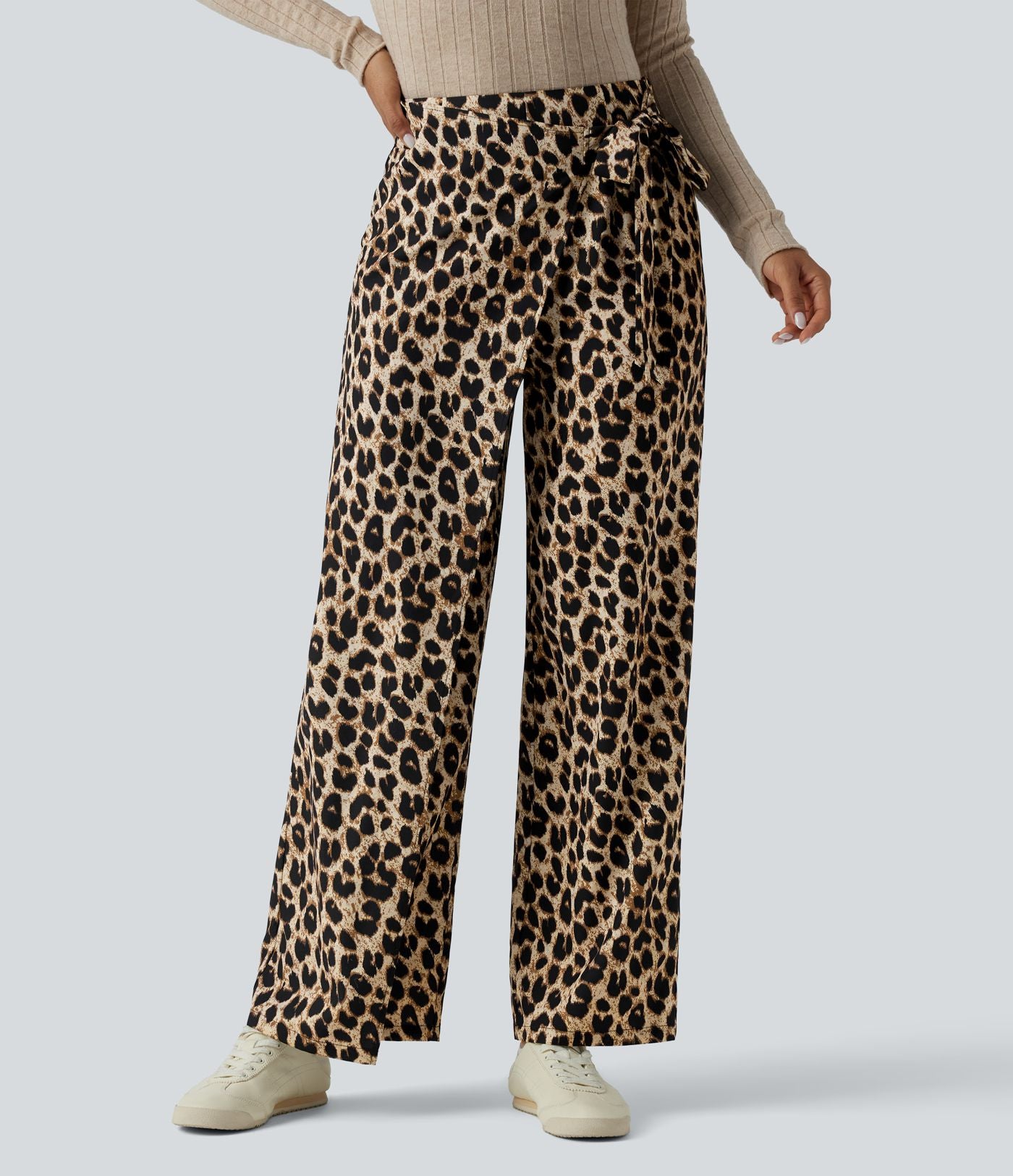 Pantalon tailleur large taille haute imprimé léopard avec liens latéraux