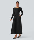 Robe longue décontractée évasée col rond plongeant manches longues avec poches