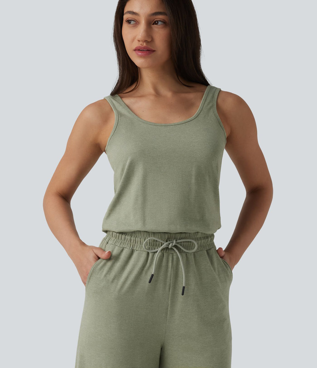 Combinaison casual baggy chinée sans manches à col U et cordon de serrage avec poches — Édition Easy Peasy