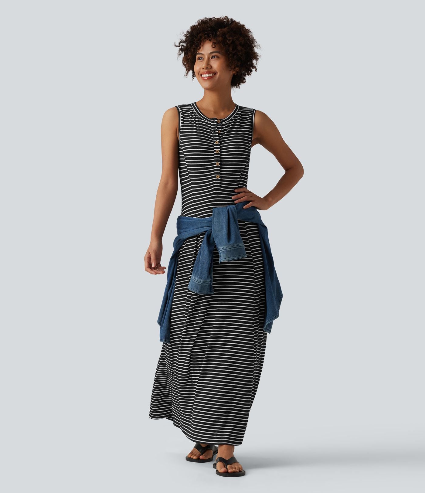Robe longue fluide casual Henley sans manches à rayures avec poches