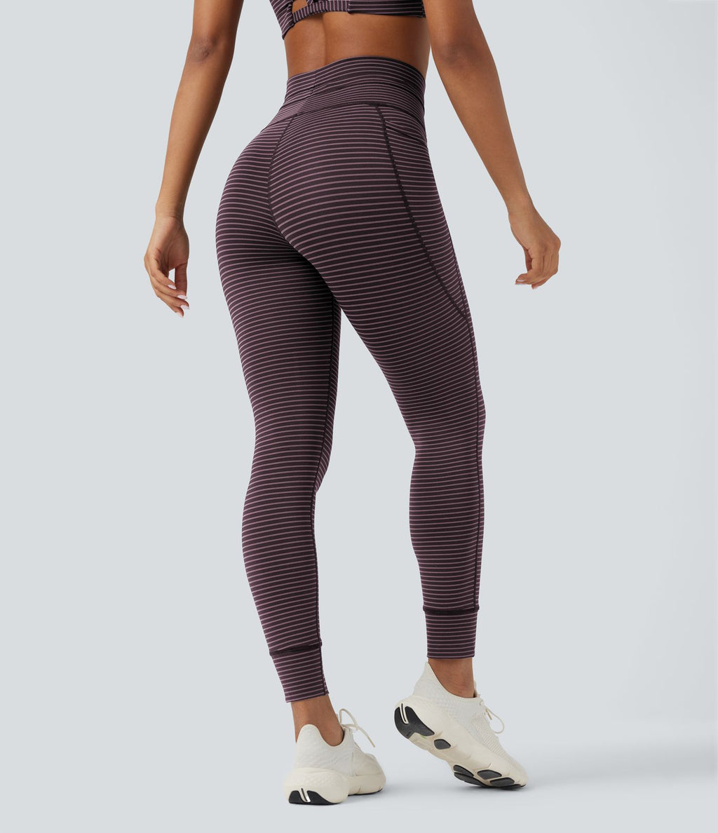 Legging de yoga rayé taille haute avec cordon de serrage et poches
