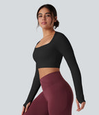 Haut de sport yoga court à manches longues avec passants pouces sans couture Seamless Flow