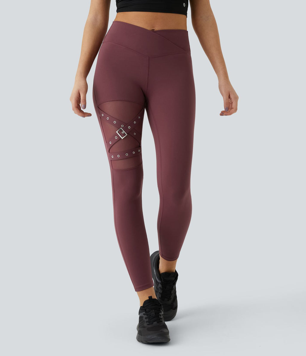 Legging yoga croisé taille haute avec mesh contrastant et boucle décorative DayStretch
