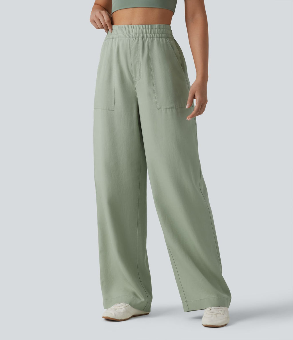 Pantalon large fluide décontracté taille haute en lyocell et lin mélangé avec cordon de serrage intérieur et poches
