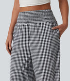 Pantalon large casual taille haute froncé à carreaux vichy avec poches
