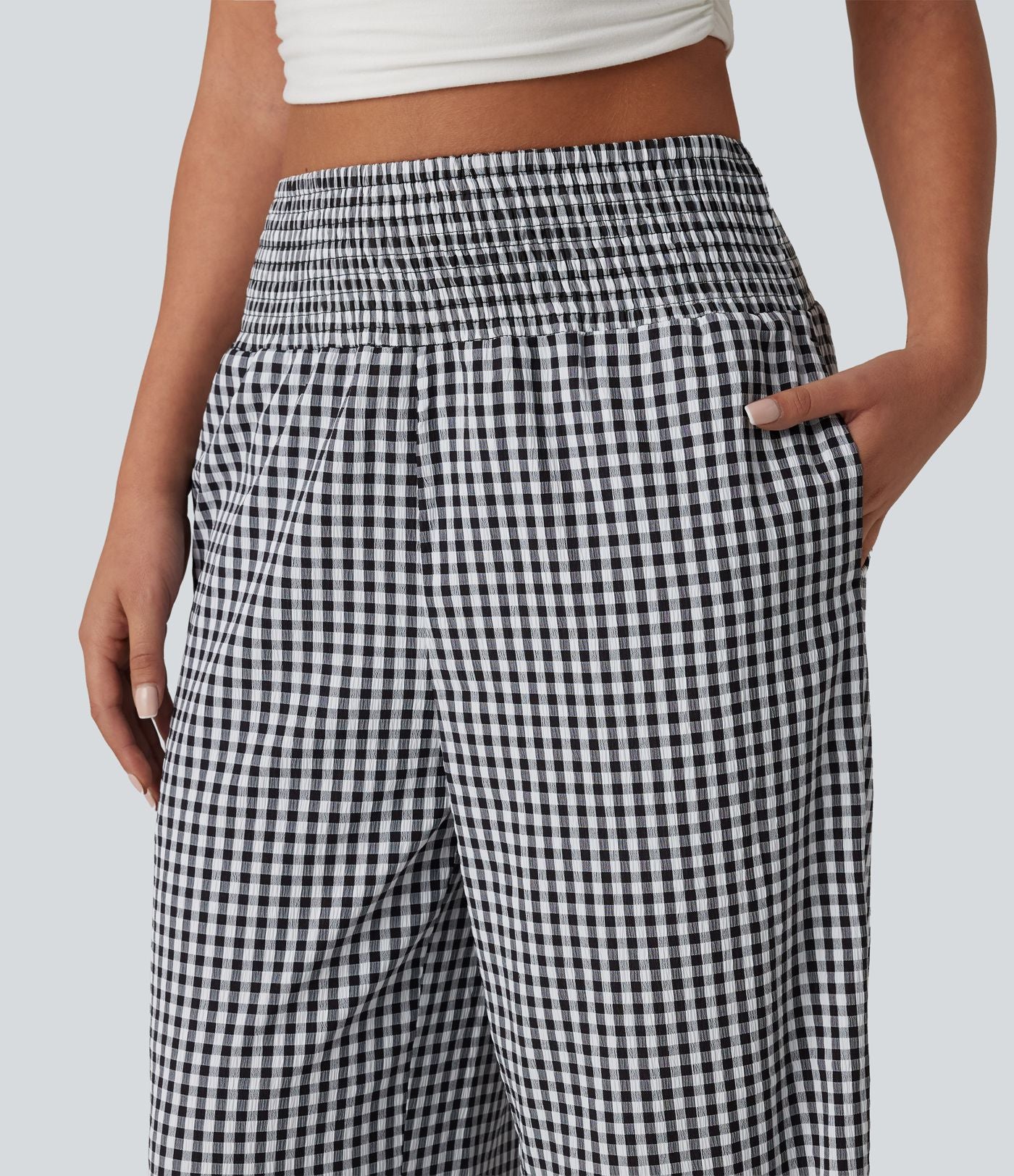 Pantalon large casual taille haute froncé à carreaux vichy avec poches