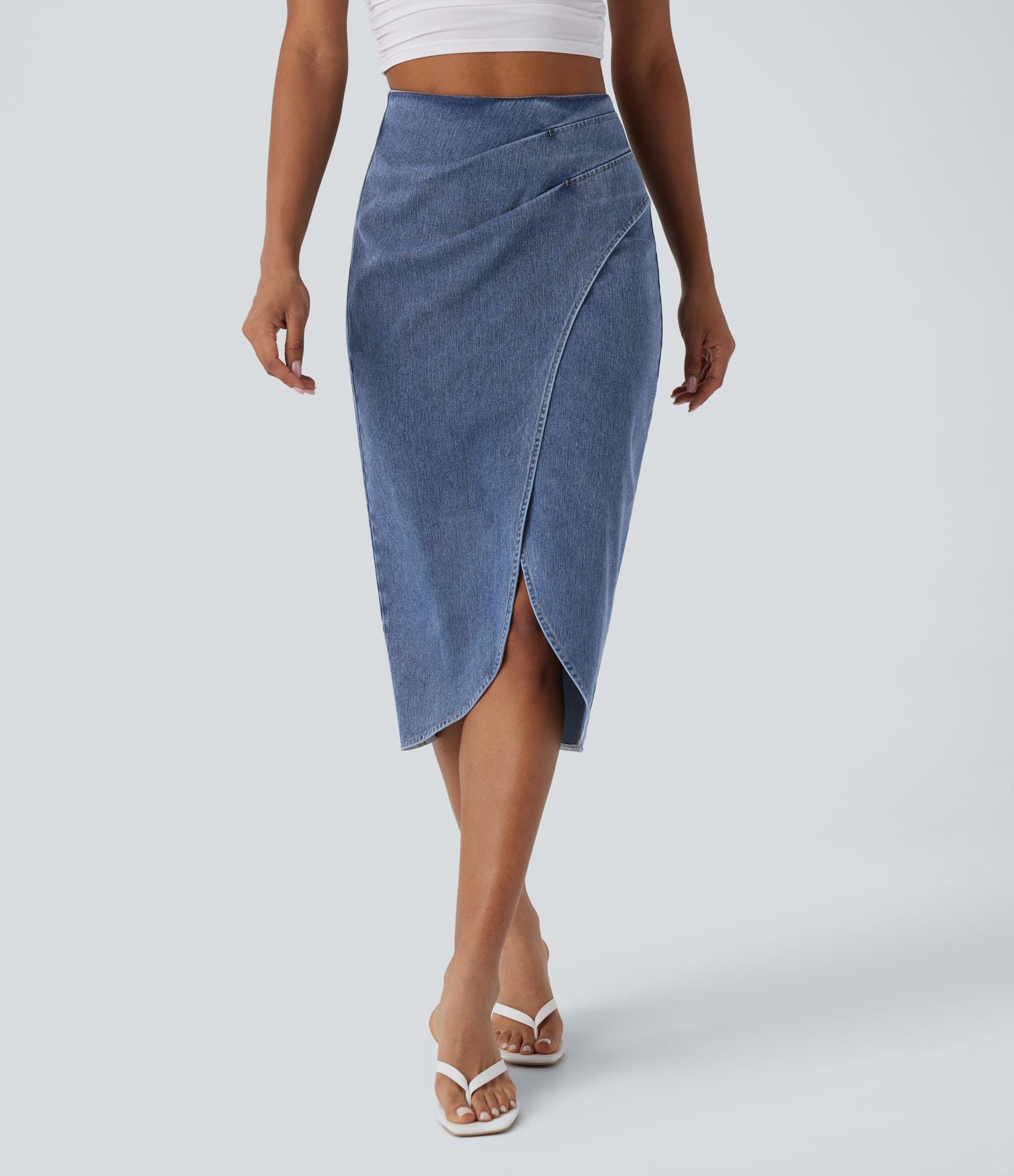 Halara Flex™ Jupe en Jean midi délavé taille haute avec zip dos, effet drapé et ourlet tulipe