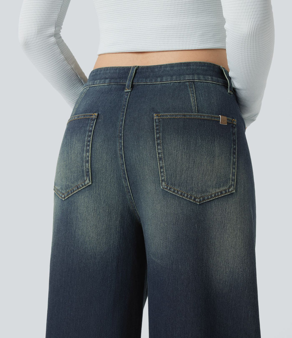 Jean Barrel Halara Flex™ asymétrique délavé taille mi-haute avec poches