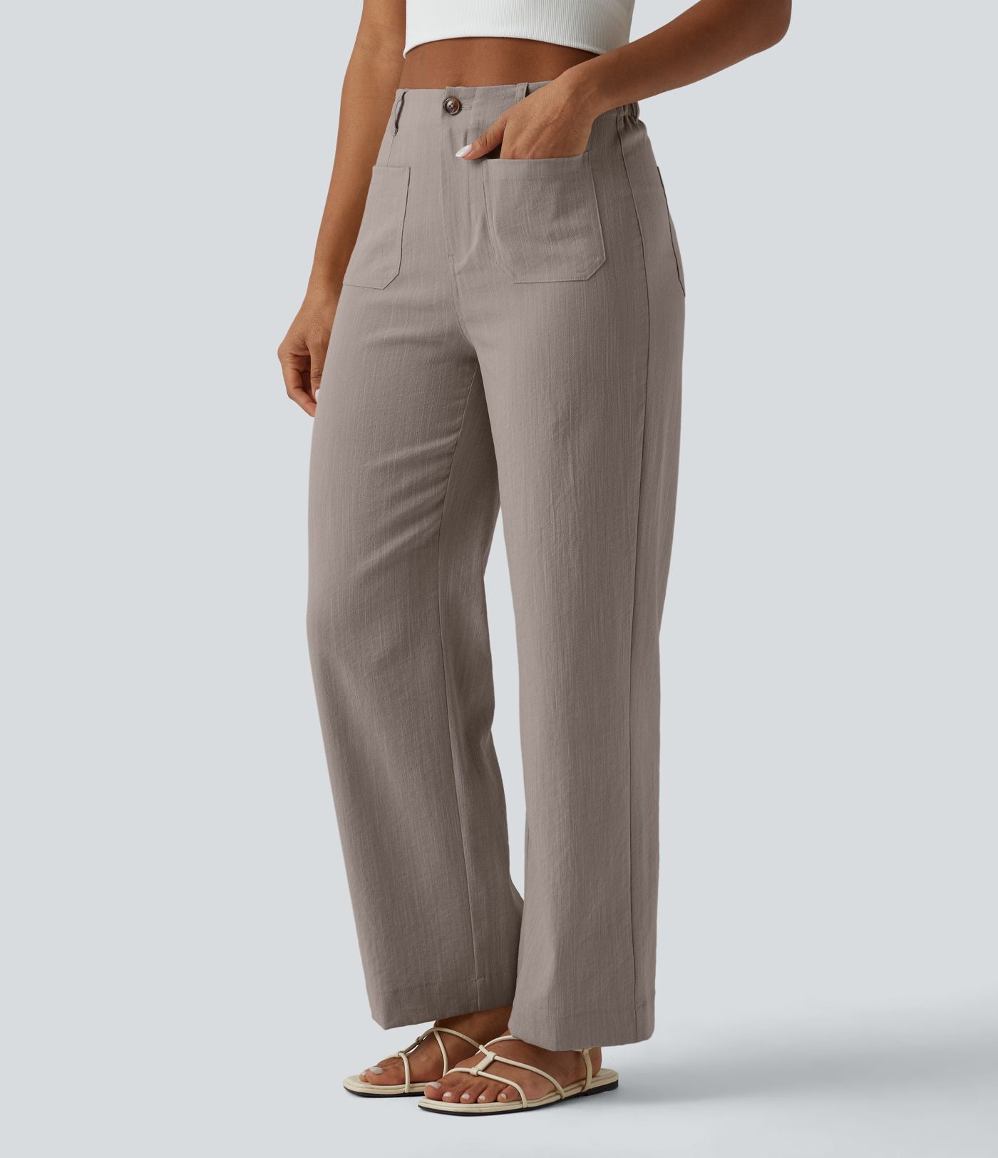 Pantalon taille haute coupe droite effet lin avec poches