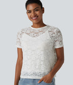 T-shirt casual 2-en-1 en dentelle col rond à manches courtes