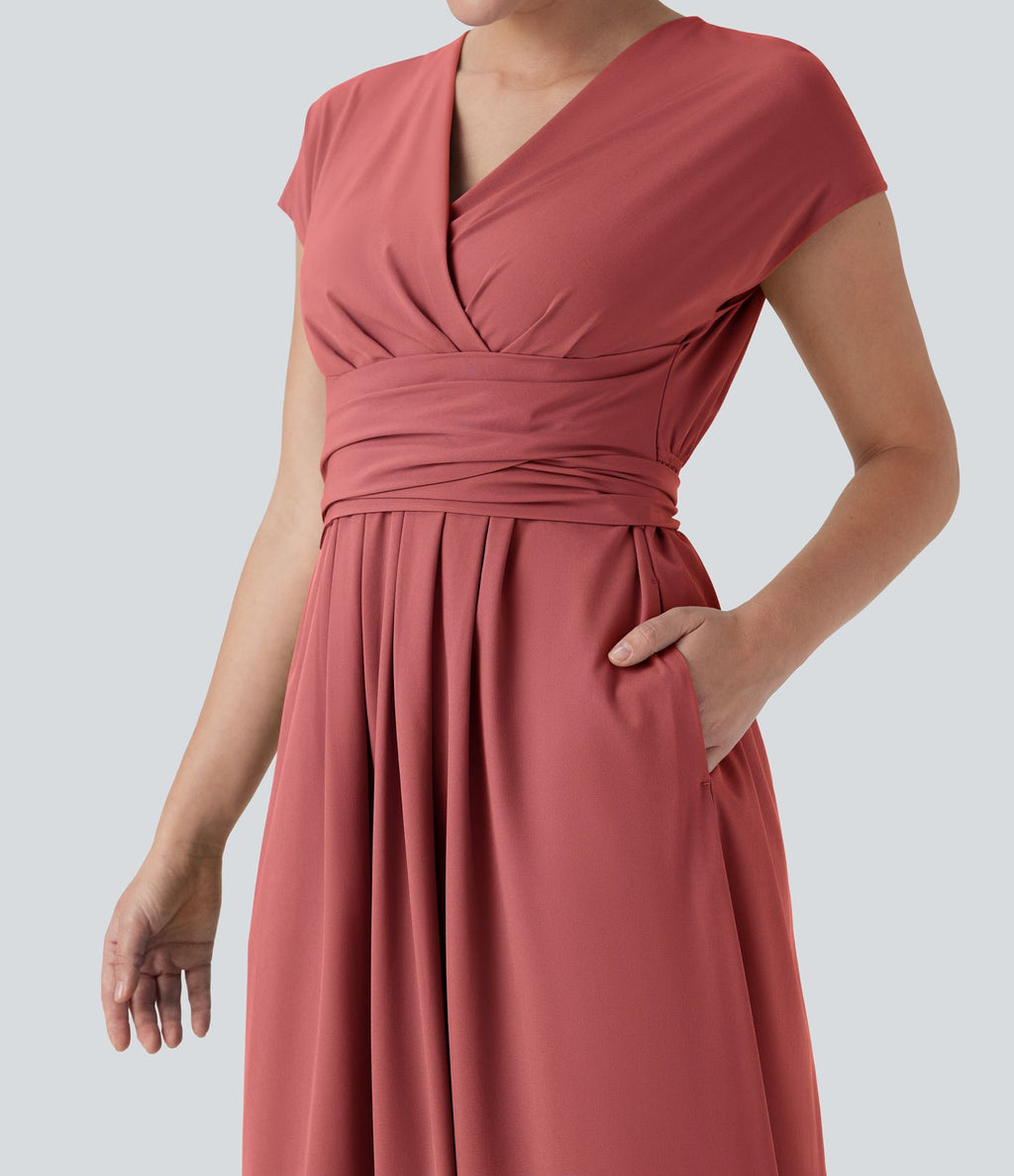 Robe midi Breezeful™ col V manches courtes à liens dans le dos séchage rapide avec poches latérales