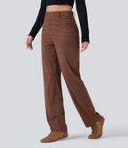 Pantalon décontracté droit en velours côtelé, taille haute, gainant, avec poches