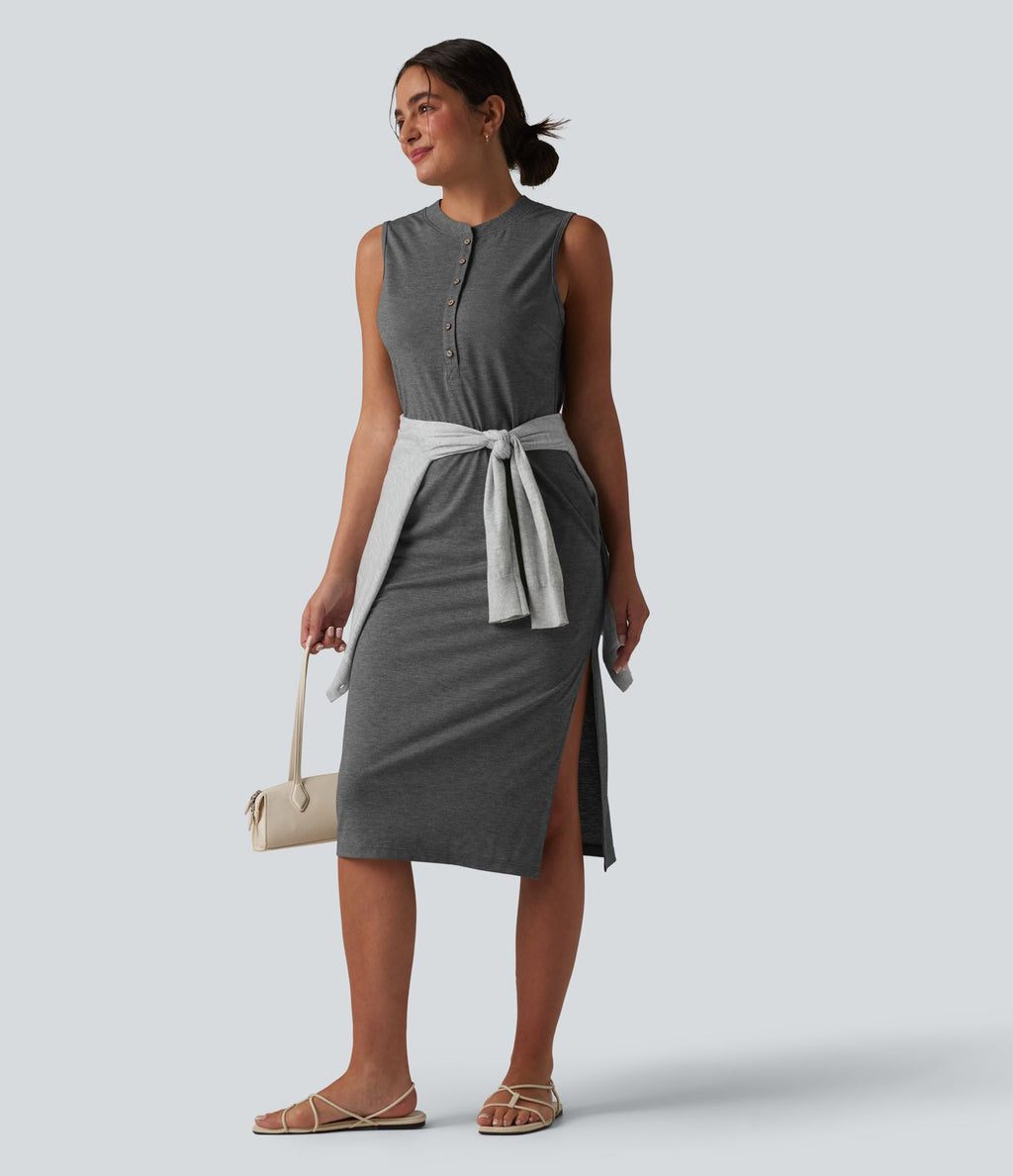 Robe midi décontractée sans manches col tunisien avec poches