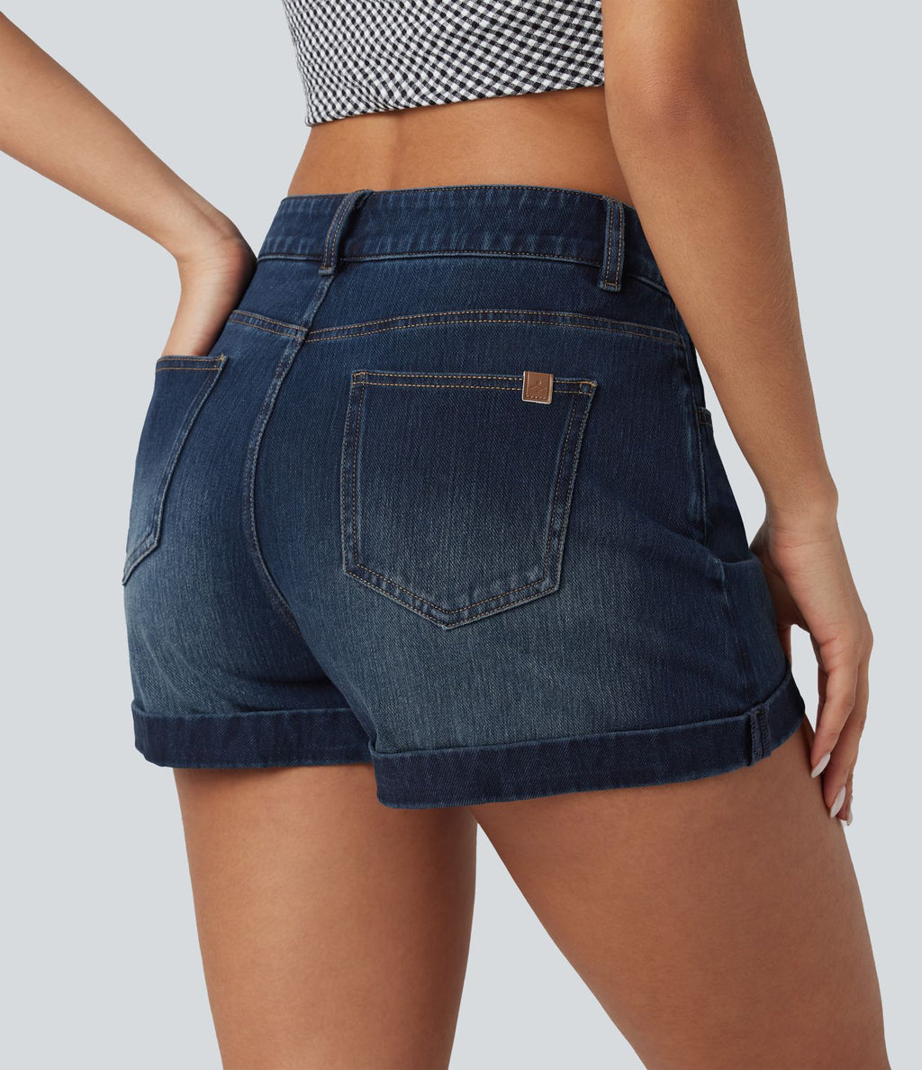 Short 7,5 cm décontracté en jean extensible Halara Flex™ taille moyenne avec boutons, zip et multiples poches