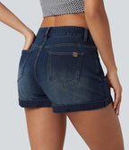 Short 7,5 cm décontracté en jean extensible Halara Flex™ taille moyenne avec boutons, zip et multiples poches