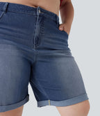 Short bermuda casual denim grande taille Halara Flex™ tricot extensible délavé taille haute multiples poches ourlet roulotté