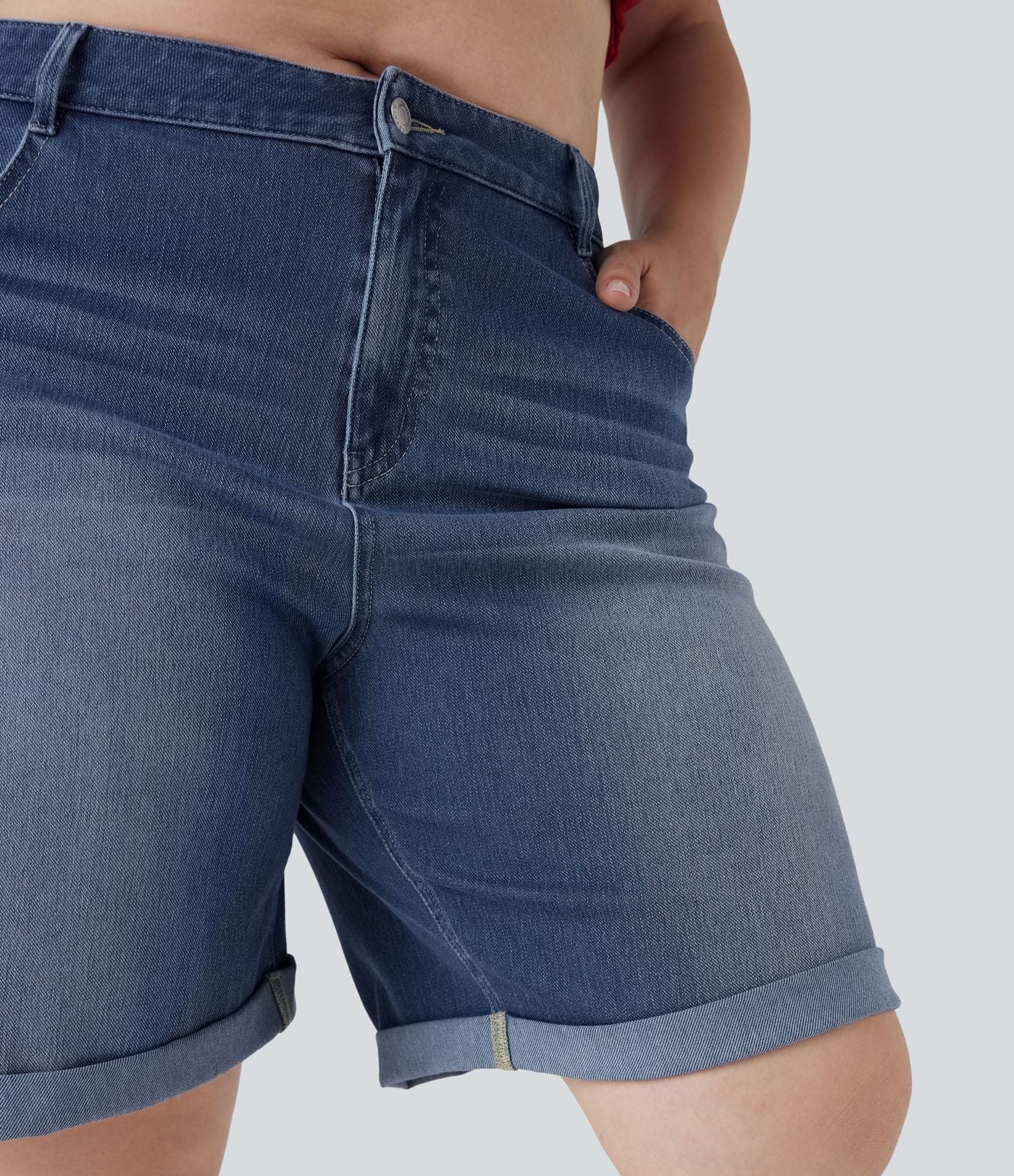 Short bermuda casual denim grande taille Halara Flex™ tricot extensible délavé taille haute multiples poches ourlet roulotté