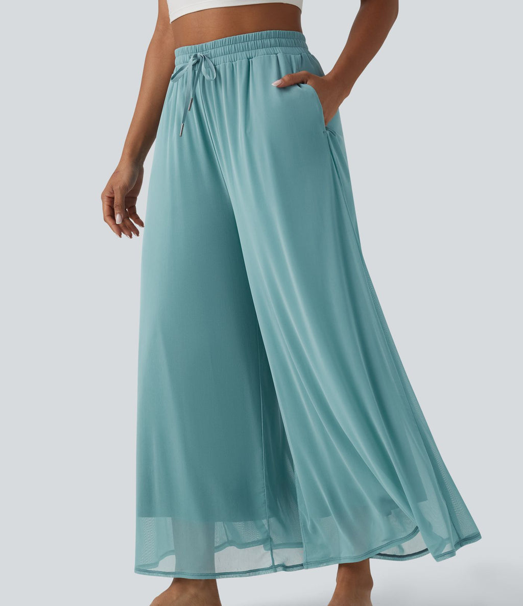 Pantalon large fluide décontracté mesh taille haute avec cordon de serrage et poches