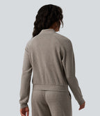 Veste casual côtelée à col montant, manches longues et fermeture zippée avec poches