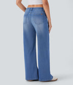 Jean bootcut délavé Halara Flex™ taille basse à poches multiples et fermeture zippée
