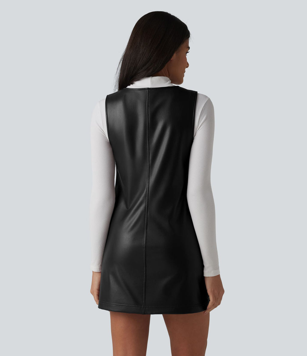 Robe de travail mini sans manches à col en V en polaire PU extensible avec poches