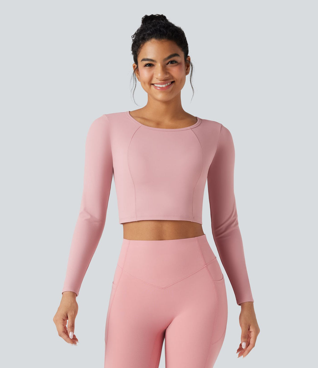 Top de sport yoga court col échancré manches longues à découpes