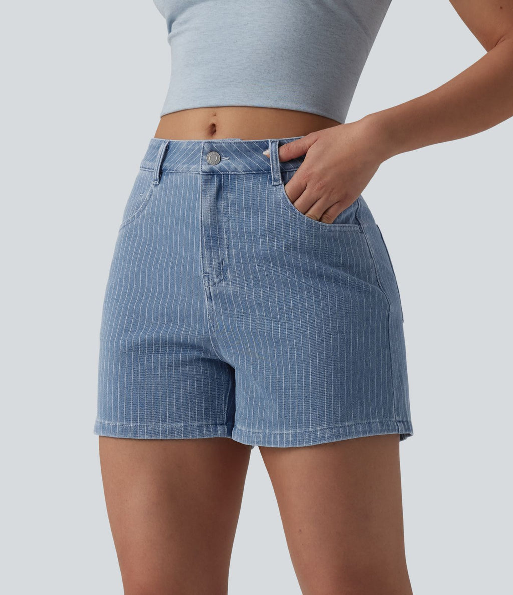 Short denim décontracté Halara Flex™ rayé taille mi-haute 10 cm avec poches