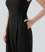 Combinaison-pantalon de mariage et demoiselle d'honneur sans manches encolure carrée avec dentelle contrastée et poches - Easy Peasy