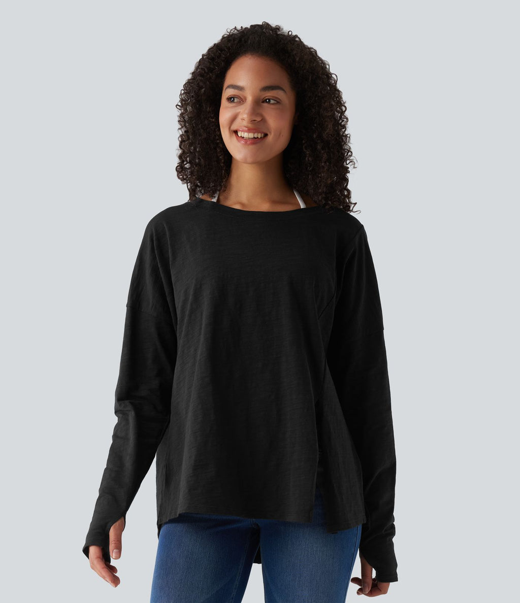 T-shirt casual en coton col bateau manches longues avec trous pour pouces et liens latéraux