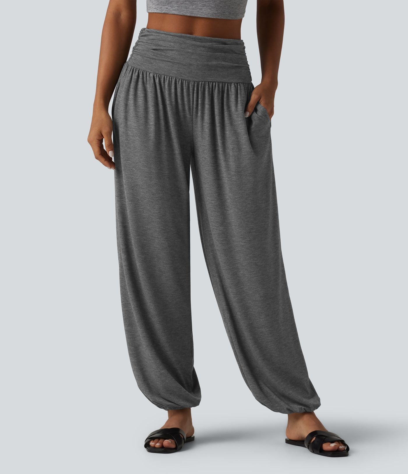 Jogging casual taille haute froncé avec poches