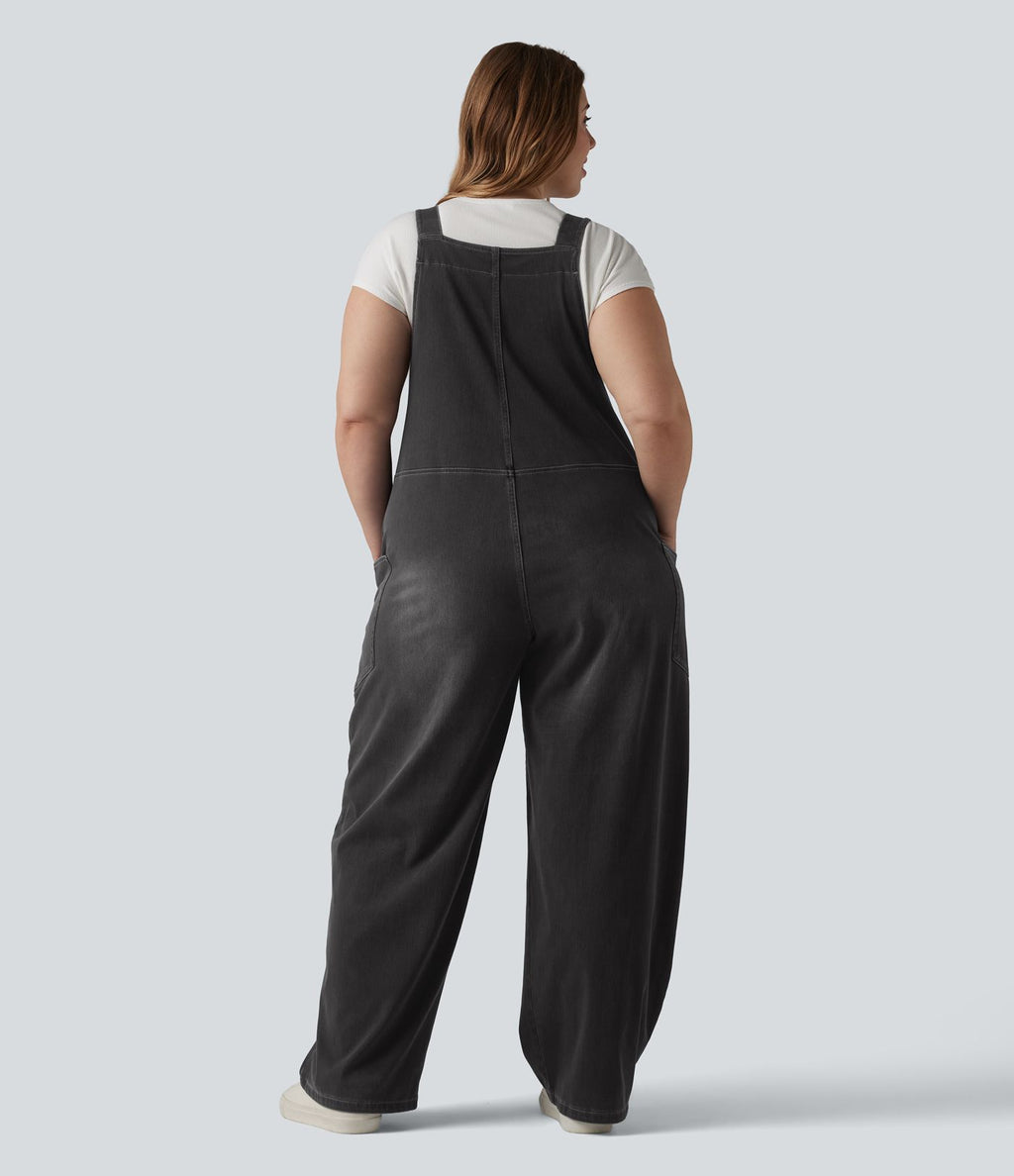 Salopette décontractée Halara Flex™ grande taille en maille denim extensible délavée col V avec poches