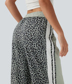 Pantalon ample décontracté taille mi-haute avec cordon de serrage color block rayures léopard contrastant avec poches