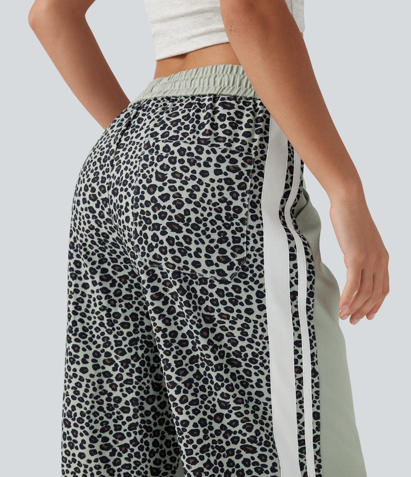 Pantalon ample décontracté taille mi-haute avec cordon de serrage color block rayures léopard contrastant avec poches