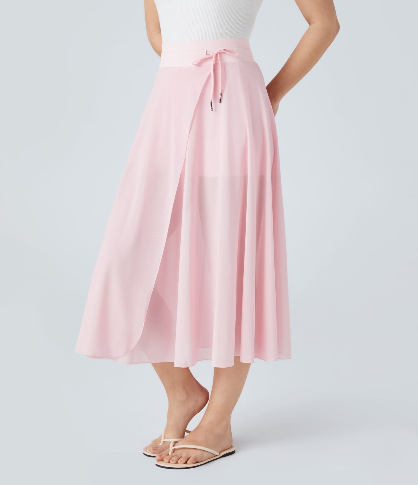 Jupe Casual Évasée Mesh Mi-Longue Fuide 2 en 1 Contrastée Taille Haute Cordon Poche Latérale