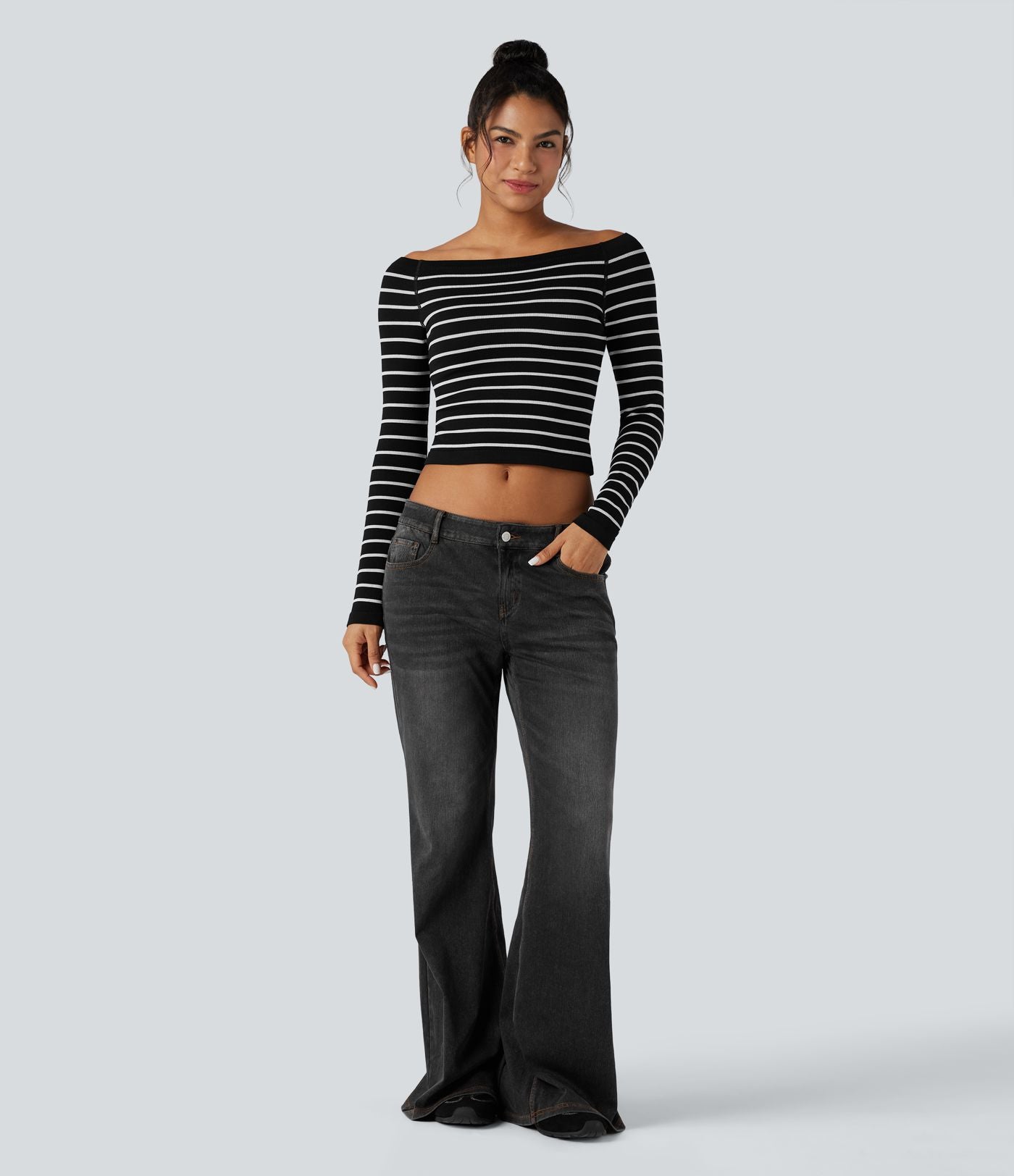 Haut de sport épaules dénudées manches raglan longues à rayures sans couture OneForm Seamless Flow
