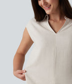 Chemisier tailleur en mélange de lin col V sans manches avec ourlet fendu