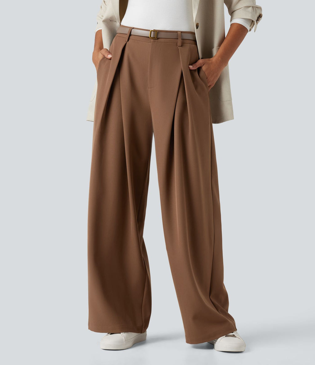 Pantalon tailleur large, taille haute, à poches